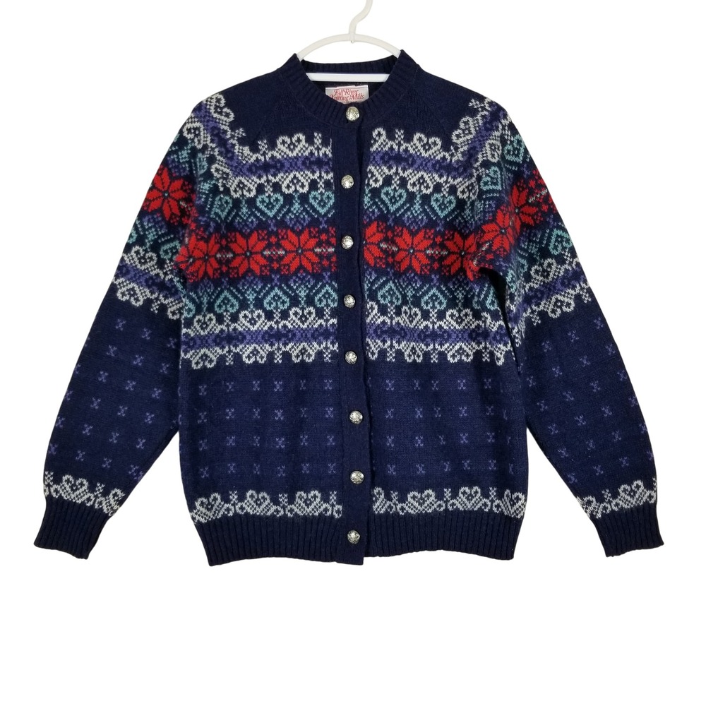 Fall River Knitting Mills Cardigan Women Size M Navy Fair Isle Wool Blend USA